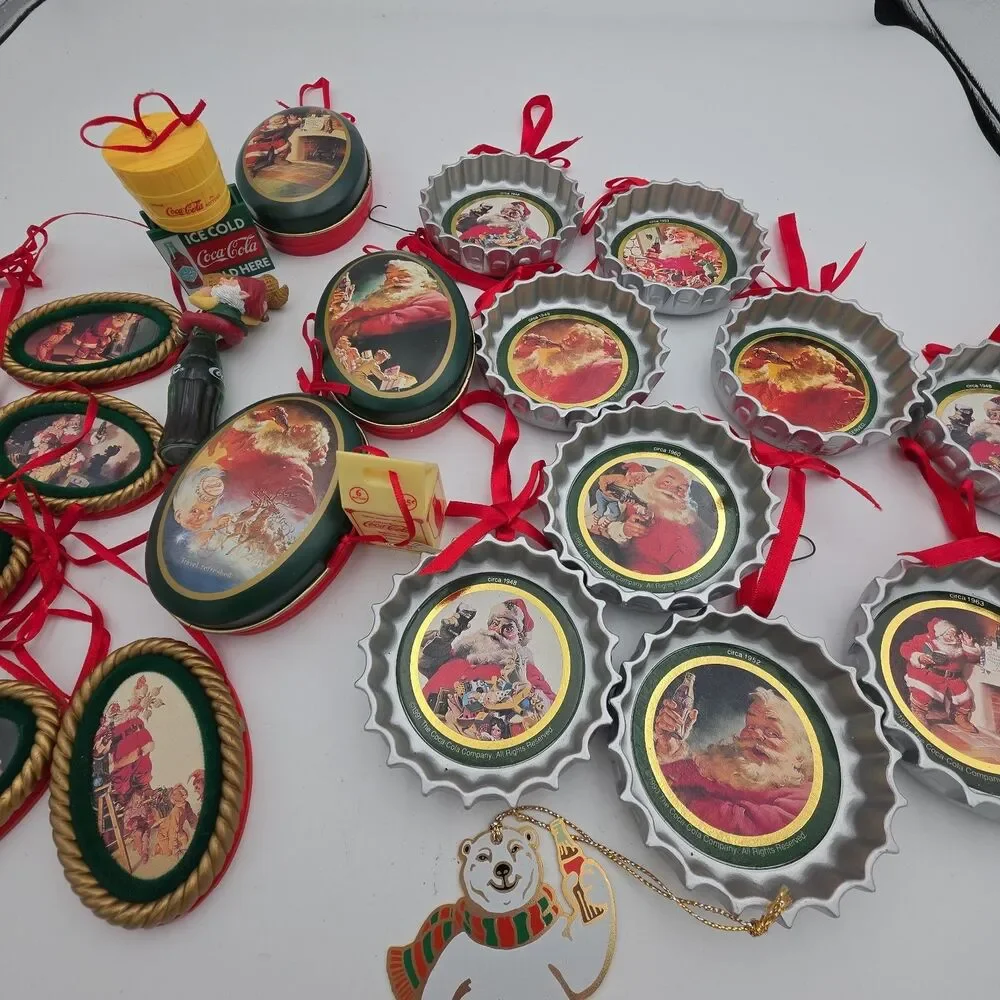 Lot of 23 Vintage Coca-Cola Christmas Ornaments Santa Bottle Cap Oval Coke Holid